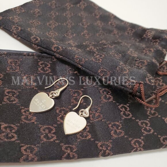GUCCI EARRINGS STERLING SILVER HEART DROP TRADEMARK LOGO - Picture 4 of 6